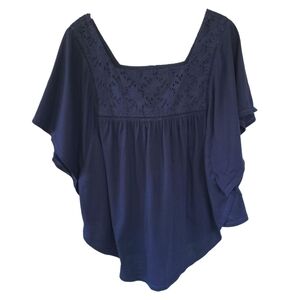 GAP Cotton Eyelet Square Neck Flutter Sleeve Top Blouse Large Navy